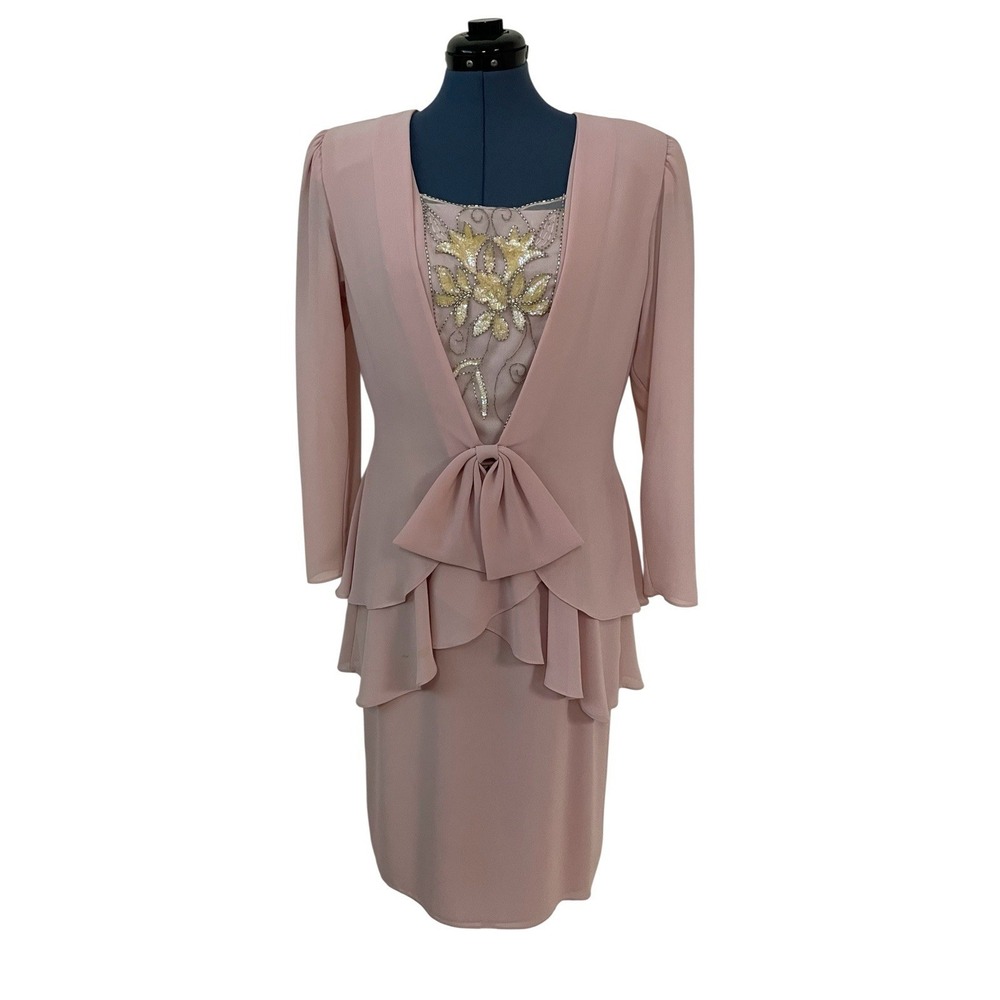 Vtg Abby Kent Pink Sequin Bead Peplum Ruffle Cocktail Dress MOB Fairy‎ Formal 12